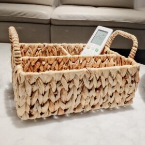 remote control holder wicker desk organizer divided storage basket,hand woven cosmetic storage box with 3 compartments,water hyacinth remote control basket for desktop organizing