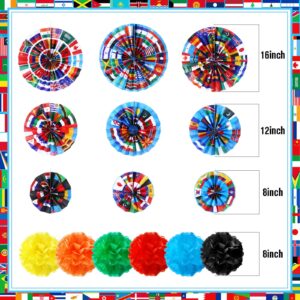 Outus 21 Pcs International World Flags Classroom Decorations Around The World Hanging Paper Fans Sport Party Tissue Paper Pom Poms for Garland Ceilings School Office Party Supplies (Flag Style)