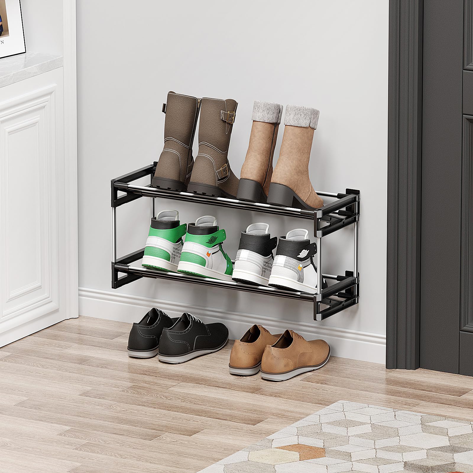 DEYILIAN Small Shoe Rack, 2 Tier Narrow Shoe Rack with Hook and Loop Sticky Adhesive Strips Wall Mounted Shoe Rack, Slim Shoe Rack Space Saving Design Behind the Door Wall Shoe Organizer for RV Closet