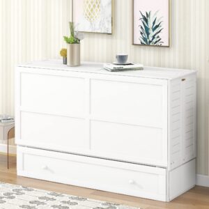 harper & bright designs queen size murphy bed, mobile queen murphy bed with drawer and little shelves on each side, wood queen size bed frame, white