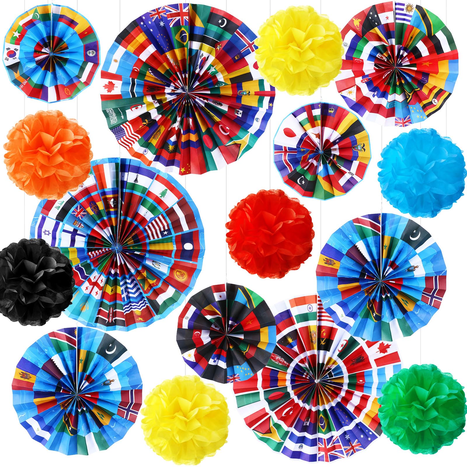 Outus 21 Pcs International World Flags Classroom Decorations Around The World Hanging Paper Fans Sport Party Tissue Paper Pom Poms for Garland Ceilings School Office Party Supplies (Flag Style)