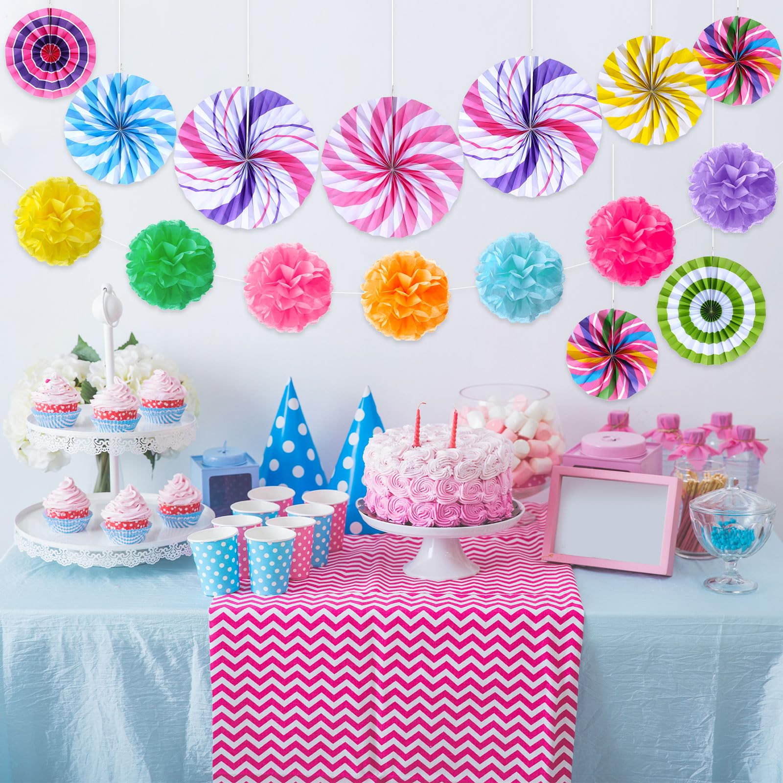 Outus 21 Pcs Candyland Hanging Paper Fans Decorations Candy Party Classroom Decor Lollipop Candy Tissue Paper Fans for Garland Ceilings Candyland Theme Kids Birthday Party Supplies(Pom Poms)