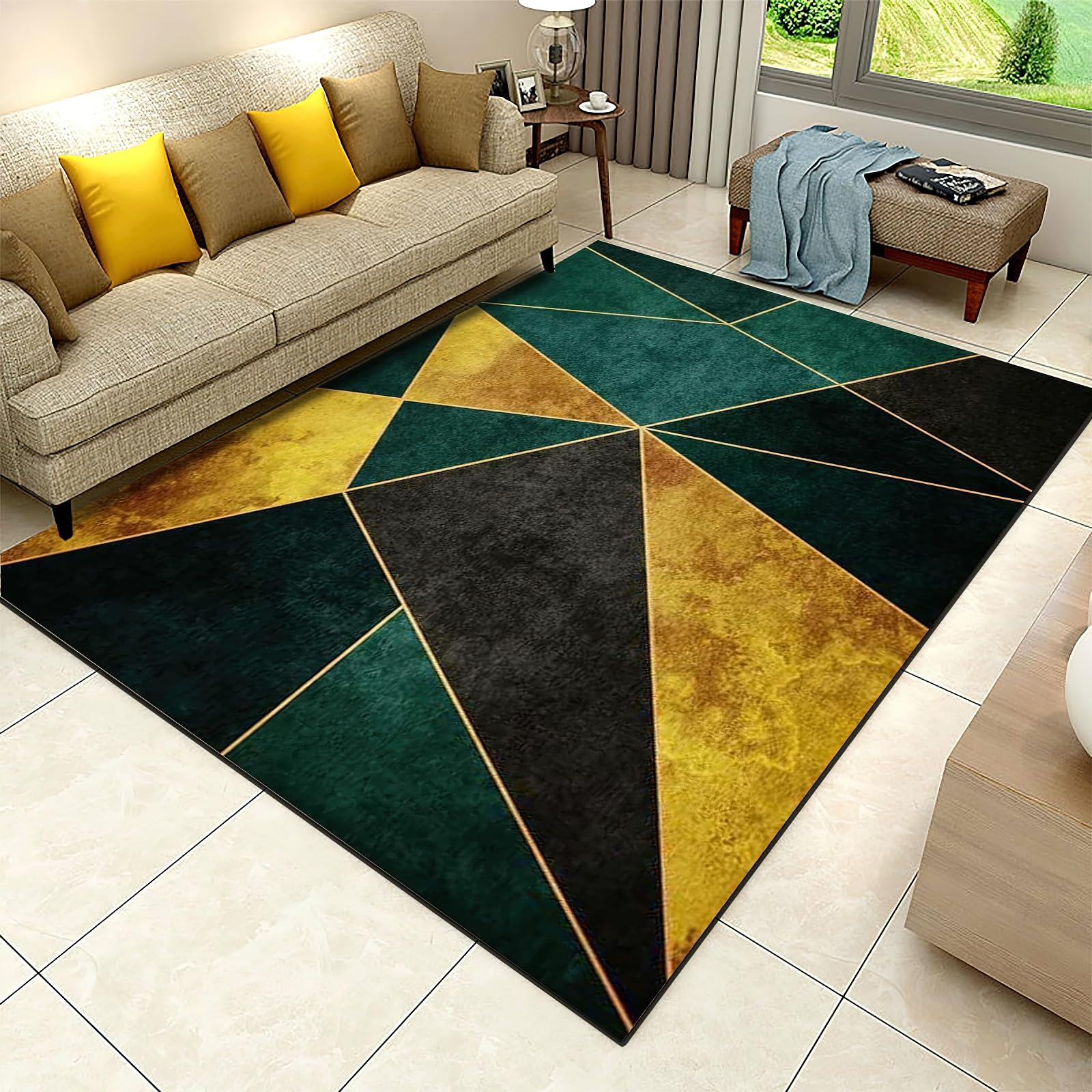 QUORIT Emerald Green Gold Marble Area Rug, Luxury Black Gold Geometric Non Slip Living Room Rugs, Easy Care Durable Carpet for Indoor Bedroom Office Decor Mat - 3 ft x 4 ft, Style-7