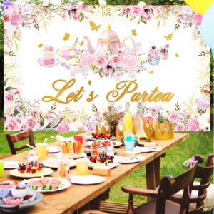 Avezano Tea Party Backdrop Floral Butterfly Glitter Let's Partea Banner Afternoon Tea Baby Shower Birthday Party Decorations 70.8 x 43.3 Inch (Pink)