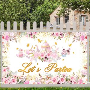 Avezano Tea Party Backdrop Floral Butterfly Glitter Let's Partea Banner Afternoon Tea Baby Shower Birthday Party Decorations 70.8 x 43.3 Inch (Pink)