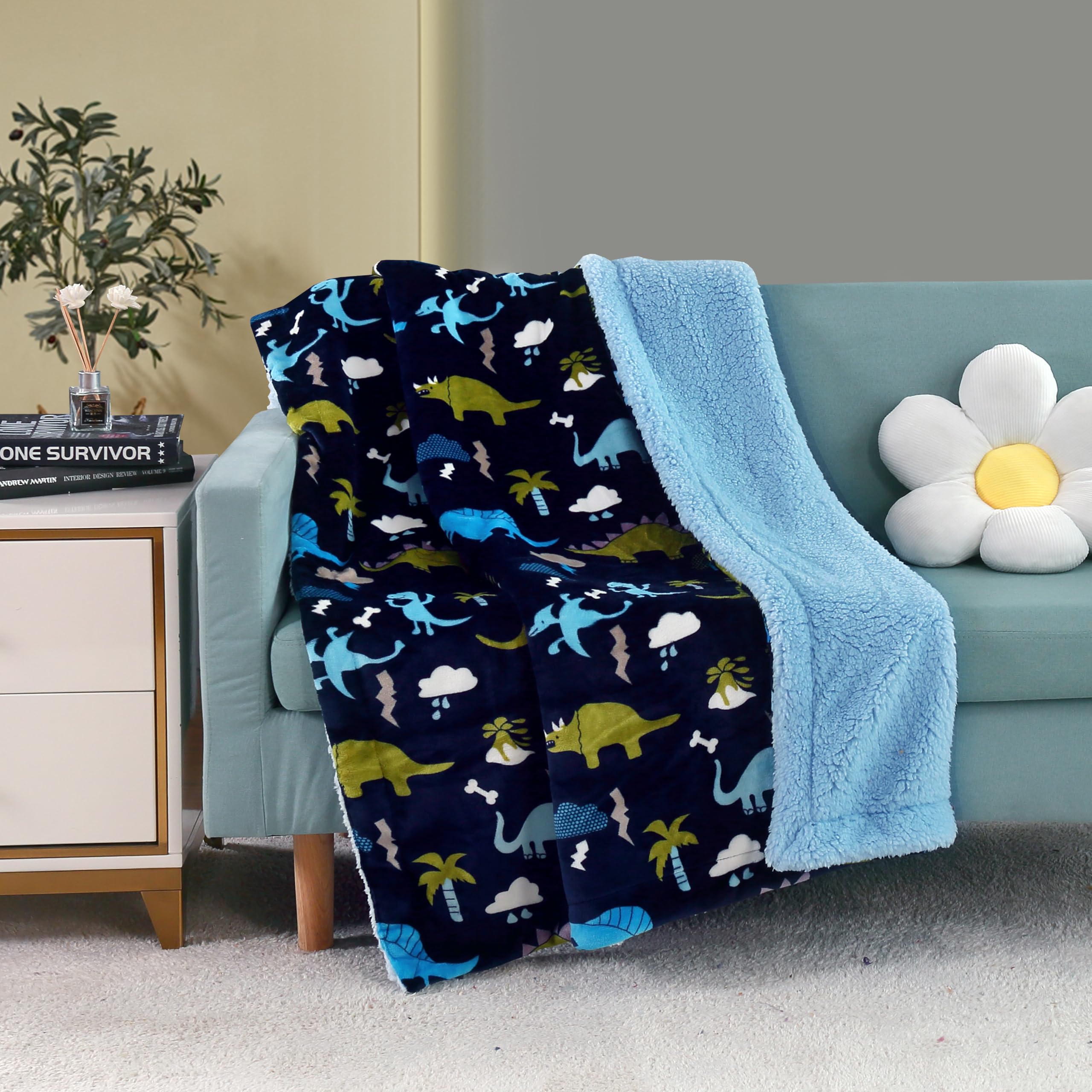 Marina Decoration Reversible Rich Printed Woven Fluffy Plush Soft Warm Flannel Fleece Children Throw Sherpa Kids Blanket, 40 x 50 Inch Dinosaur Zoo with Navy Blue Base