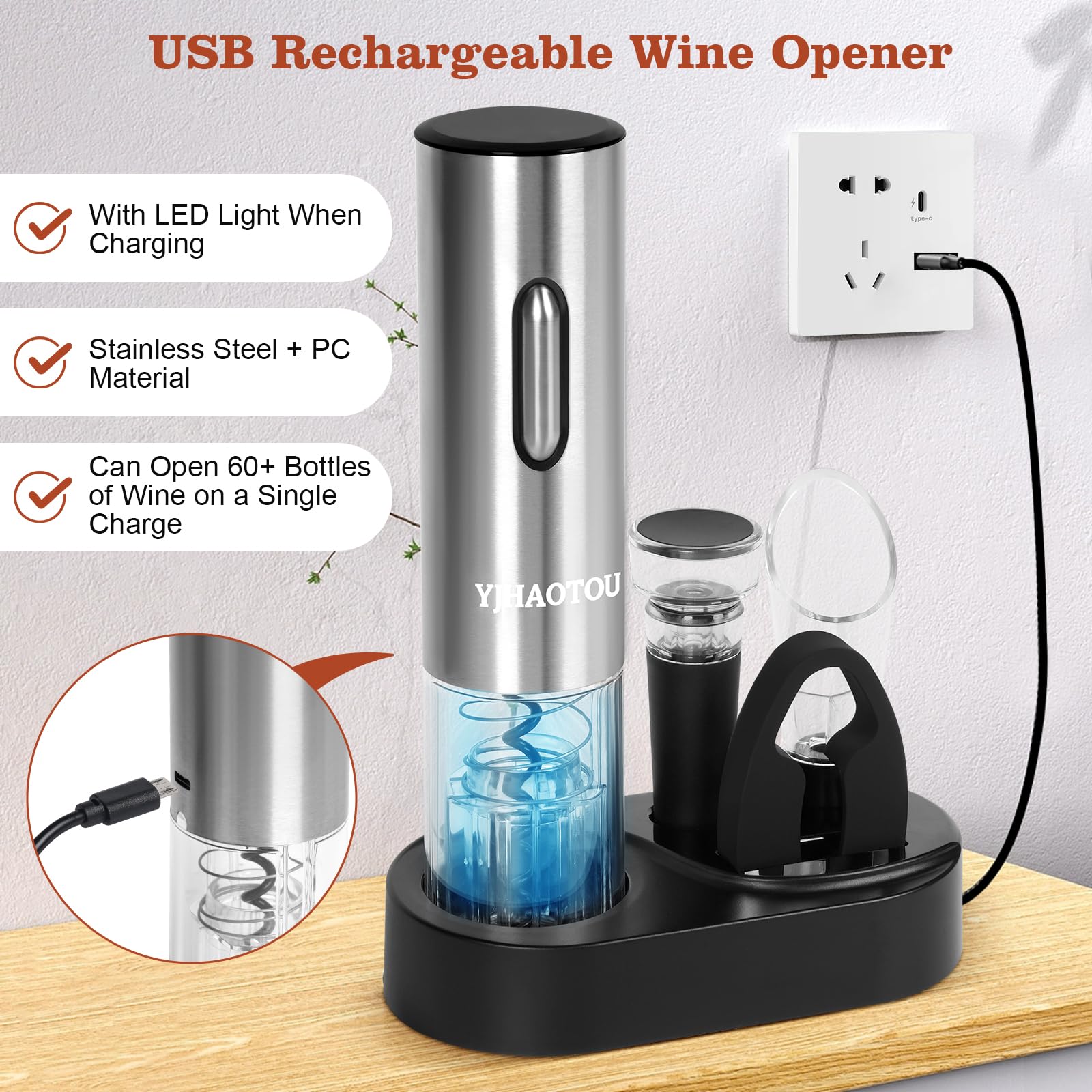 Electric Wine Bottle Opener -The Wine Gift Set, Includes a Charging Wine Bottle Opener, Wine Aerator, Vacuum Wine Preserver, Storage Base, Foil Cutter & USB Cable (Stainless Steel)