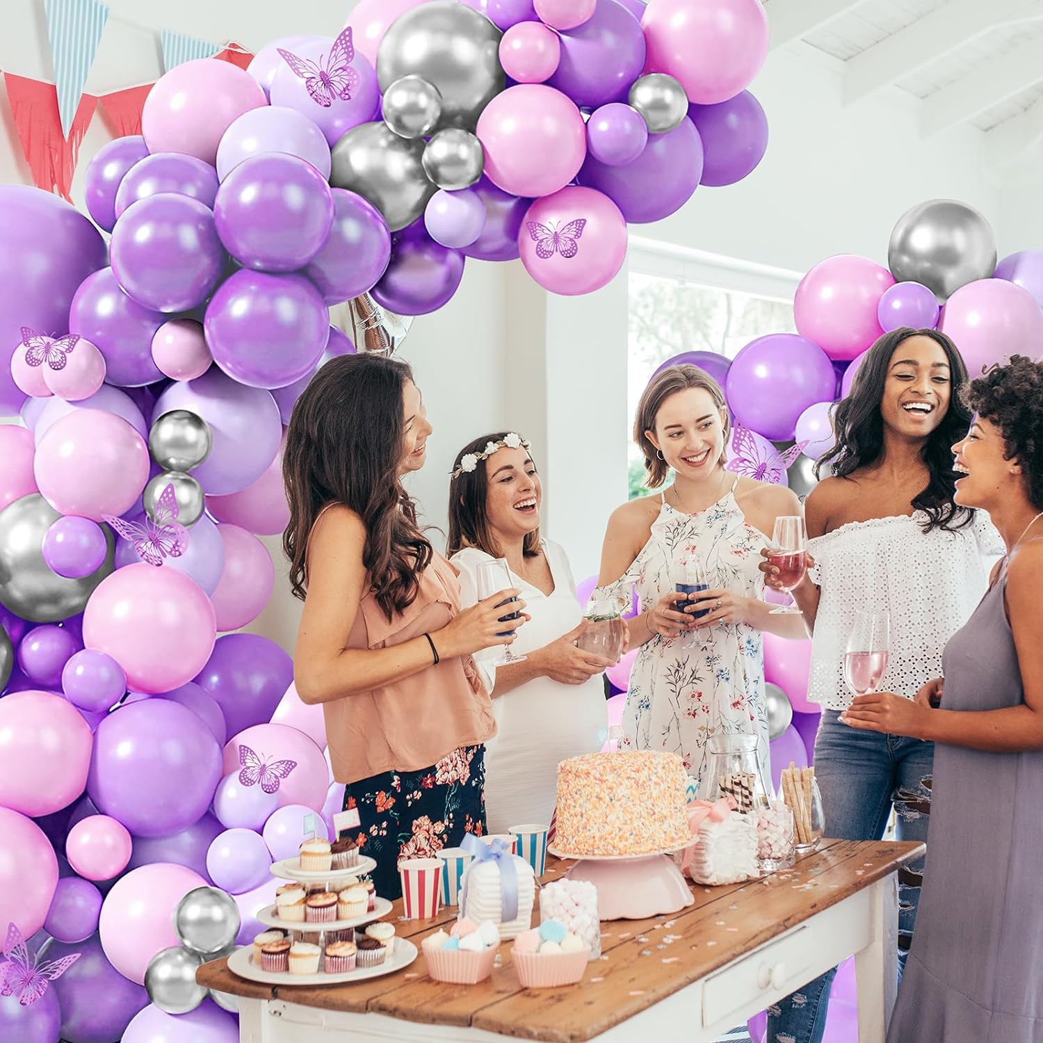 Pink and Purple Balloons Arch Kit, Purple and Silver Balloon Garland Kit with Pink Purple Silver Balloons Butterfly Stickers, DIY Balloon Party Decoratived for Birthday Baby Shower New Year Christmas