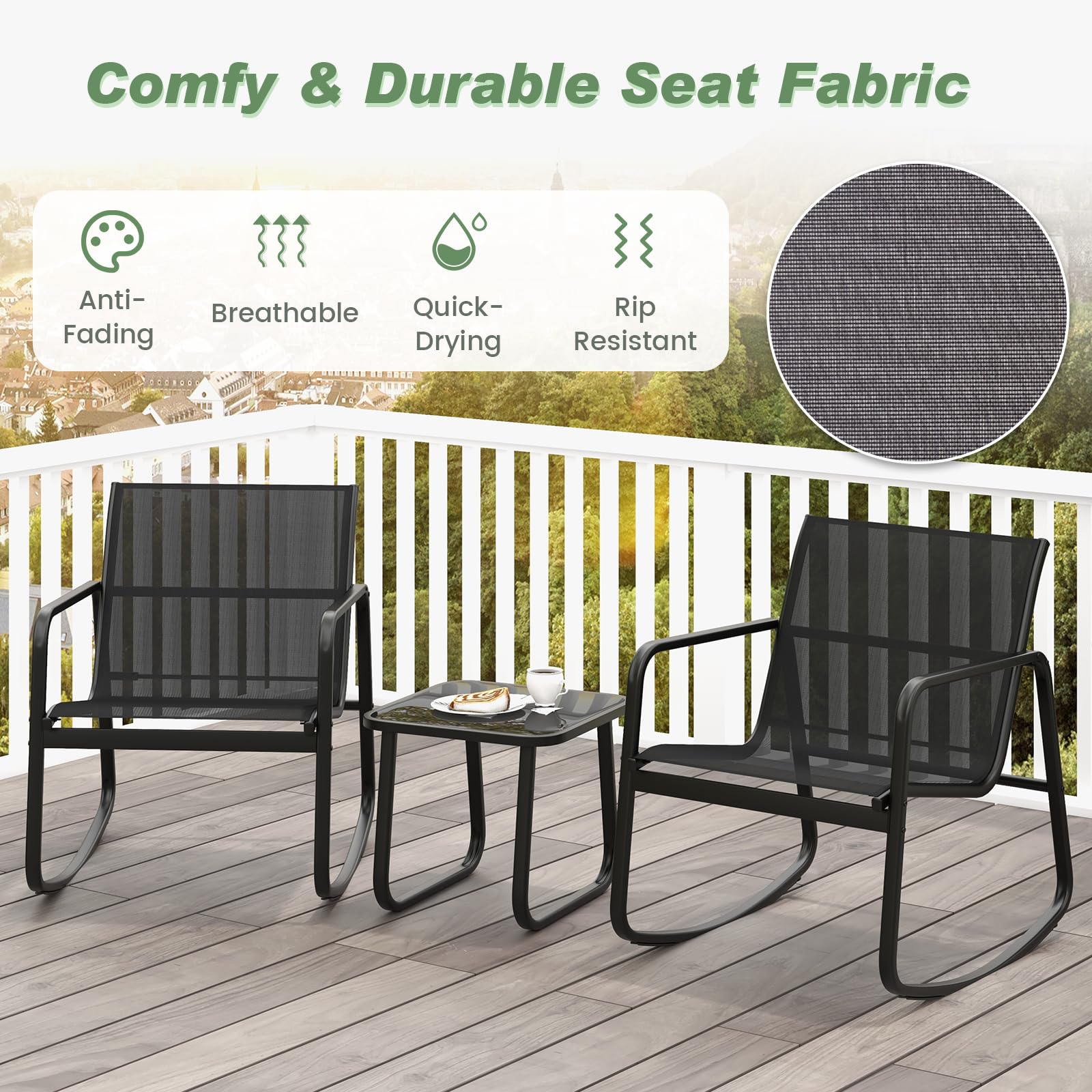 HAPPYGRILL 3 Piece Patio Rocking Bistro Set with Glass-Top Table, Rocking Bistro Chairs, Small Patio Furniture Set Outdoor Rocker Chair Conversation Set for Porch, Yard, Balcony