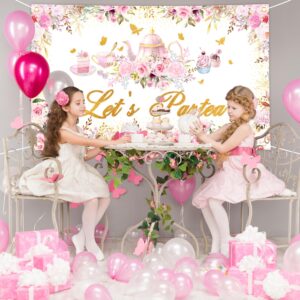 Avezano Tea Party Backdrop Floral Butterfly Glitter Let's Partea Banner Afternoon Tea Baby Shower Birthday Party Decorations 70.8 x 43.3 Inch (Pink)