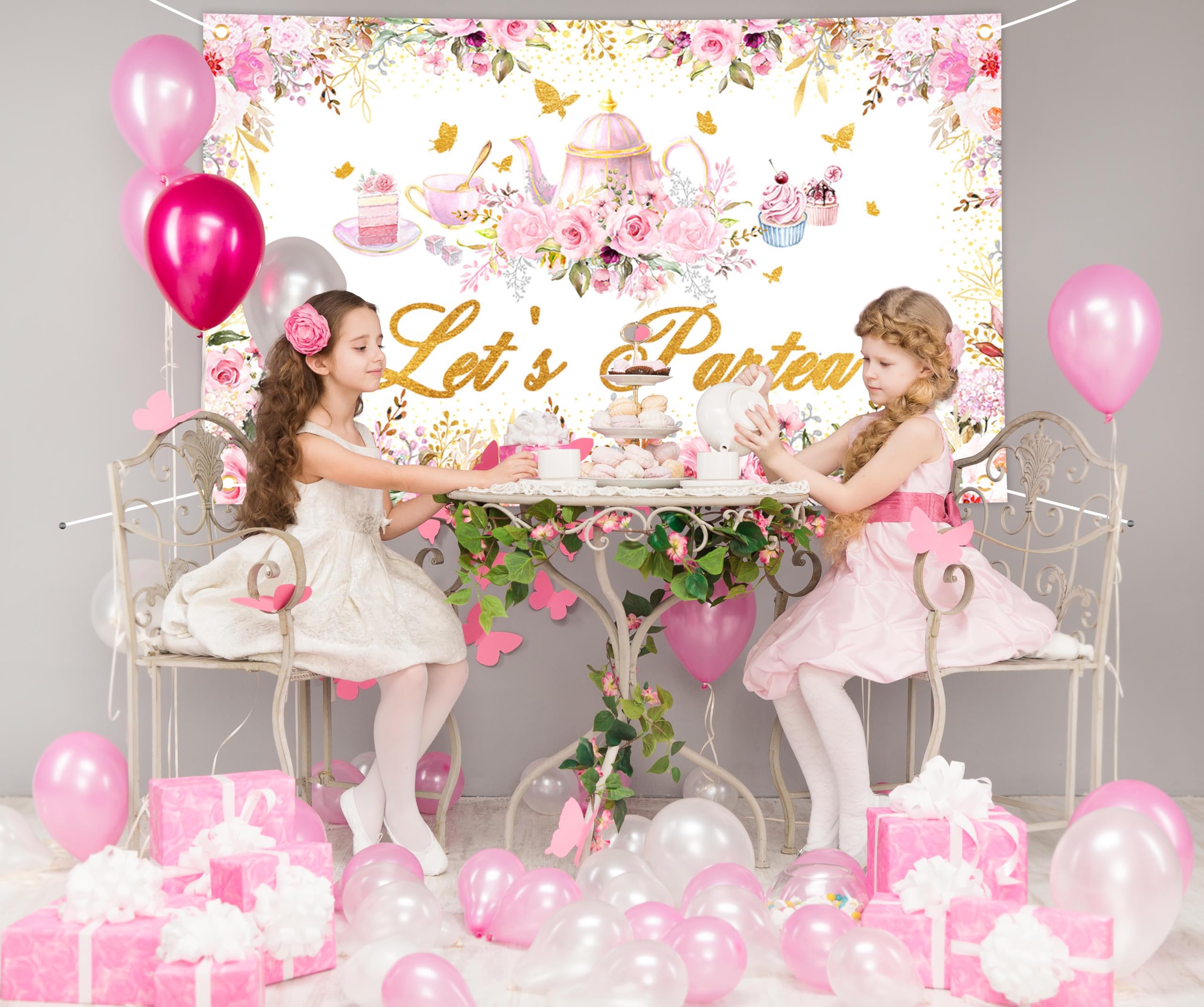 Avezano Tea Party Backdrop Floral Butterfly Glitter Let's Partea Banner Afternoon Tea Baby Shower Birthday Party Decorations 70.8 x 43.3 Inch (Pink)