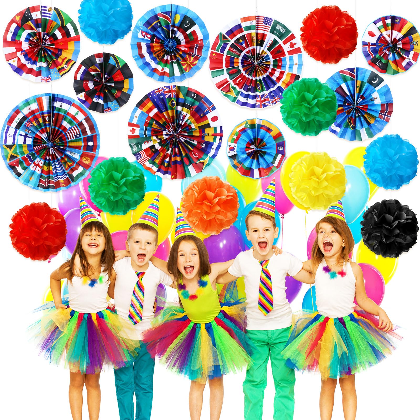 Outus 21 Pcs International World Flags Classroom Decorations Around The World Hanging Paper Fans Sport Party Tissue Paper Pom Poms for Garland Ceilings School Office Party Supplies (Flag Style)