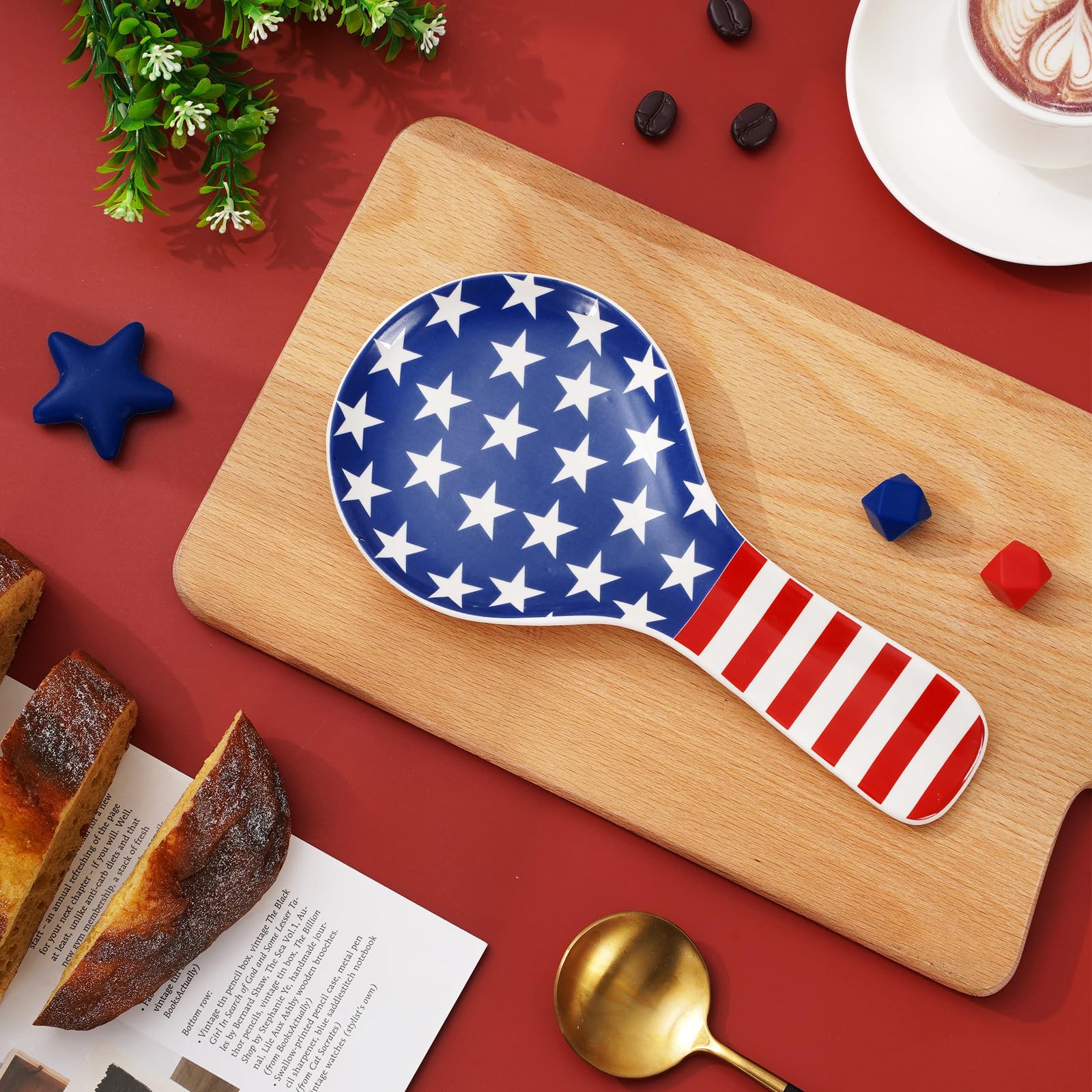 Whaline Patriotic Spoon Rest American Flag Ceramic Spoon Holder 4th of July Star Stripe Sauce Dishes Ring Dish for Independence Day Kitchen Office Party Decor