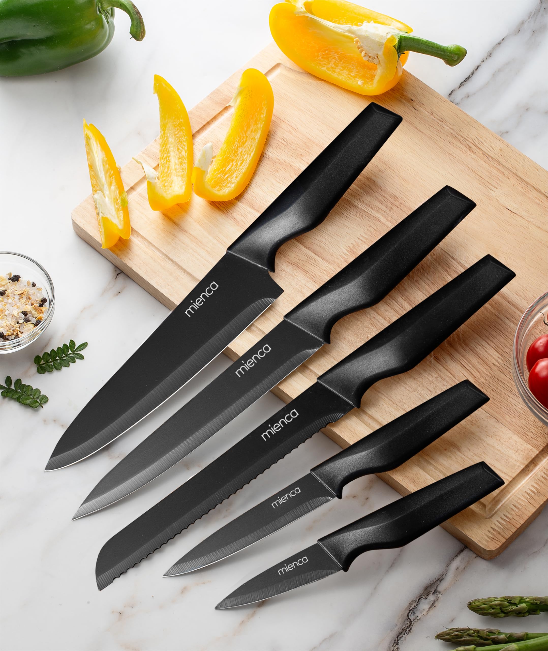 Kitchen Knife Set with Block and Sharpener 16 Pcs German Stainless Steel Knife Block Set with Cutting Board, Finger Protector for Cutting Food and Knife Sharpener Knives Set for Kitchen