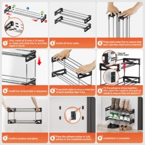 DEYILIAN Small Shoe Rack, 2 Tier Narrow Shoe Rack with Hook and Loop Sticky Adhesive Strips Wall Mounted Shoe Rack, Slim Shoe Rack Space Saving Design Behind the Door Wall Shoe Organizer for RV Closet