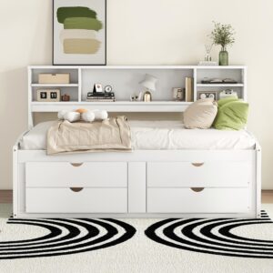 Hlcodca Full Size Daybed with Storage Drawers, Bedside Cabinets and Upper Shelves, Pine Wood Captains Bed with Bookshelf for Kids Boys Girls Teens (White-Full Size Wood Daybed)