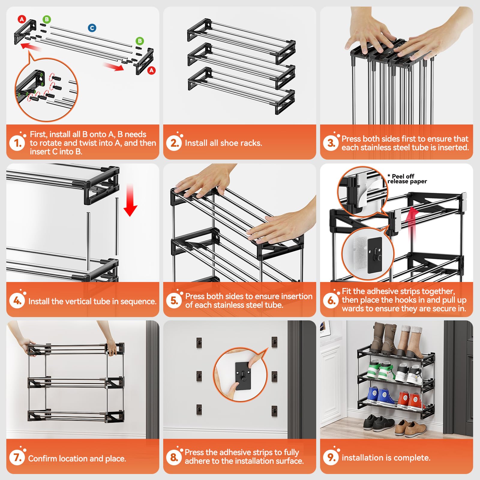 DEYILIAN Shoe Rack for Closet, 3 Tier Narrow Shoe Rack with Hook and Loop Sticky Adhesive Strips Shoe Shelf for Wall Mounted Shoe Rack, Slim Shoe Rack Space Saving Design Wall Shoe Organizer for RV