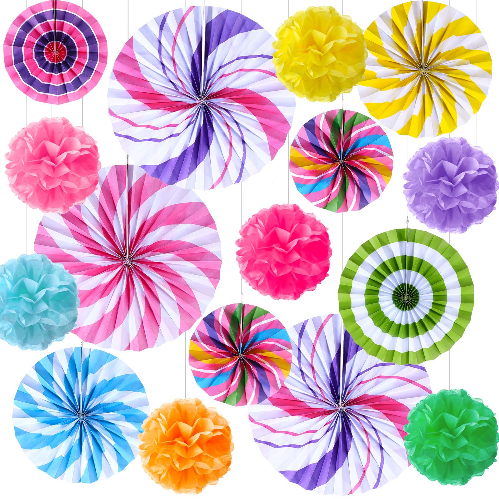 Outus 21 Pcs Candyland Hanging Paper Fans Decorations Candy Party Classroom Decor Lollipop Candy Tissue Paper Fans for Garland Ceilings Candyland Theme Kids Birthday Party Supplies(Pom Poms)