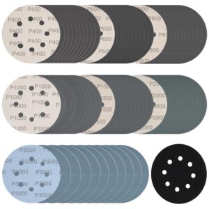 140 pcs 5 inch wet dry sanding discs hook and loop 8 holes sandpaper 400/600/800/1000/1500/2000/3000 assortment grits with interface pad for orbital sander automotive wood plastic metal polishing