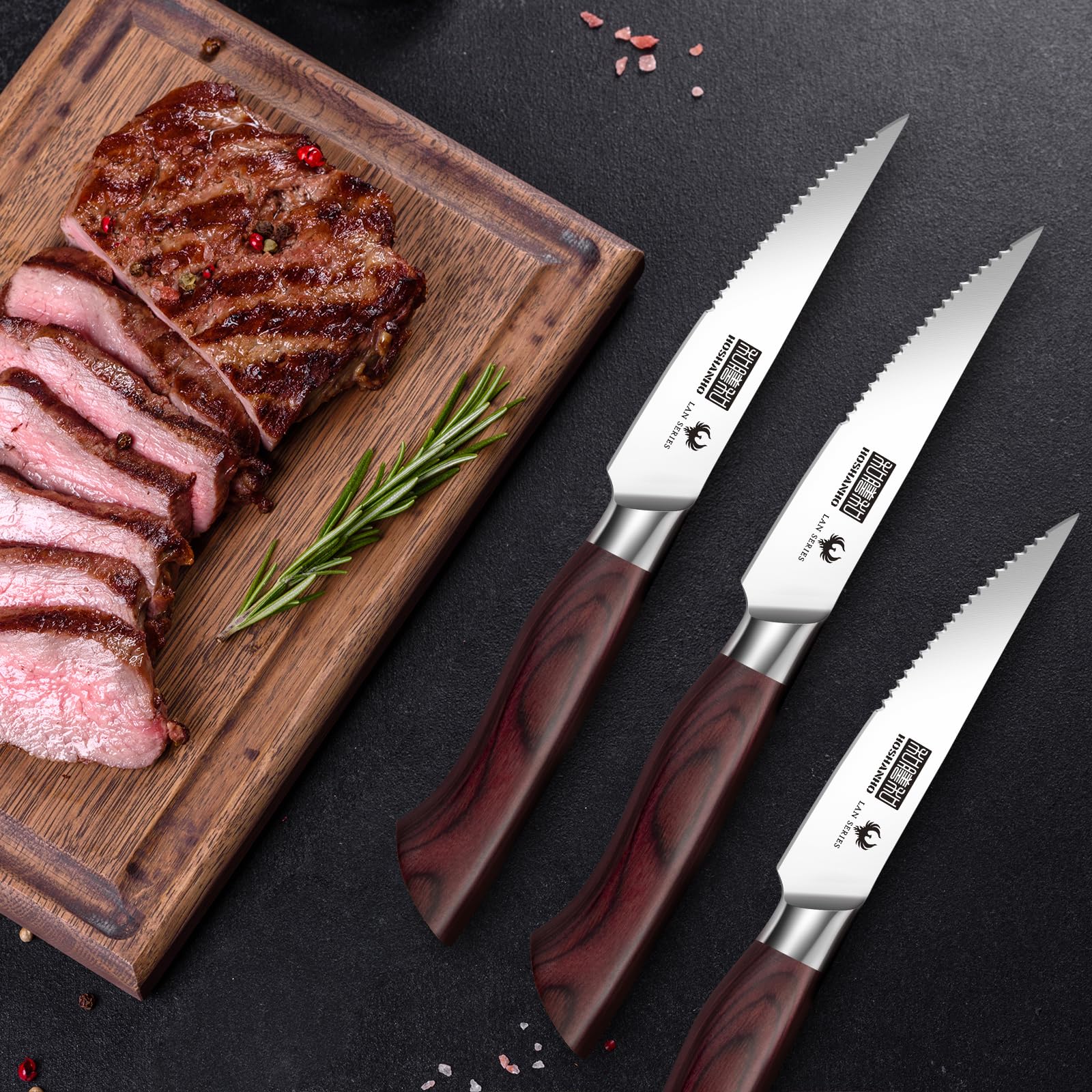 HOSHANHO Steak Knife Set 8 Pieces, 4.5 Inch Super Sharp German High Carbon Stainless Steel Steak Knife Set, Professional Premium Serrated Precise Cutting with Ergonomic Wood Handle