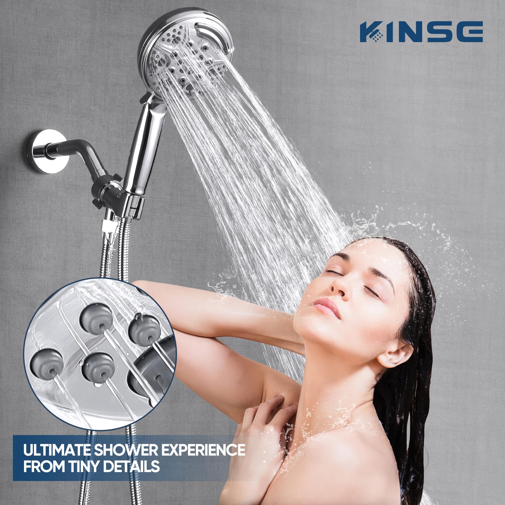 KINSE High Pressure Shower Head with Hose,9-Mode Handheld Shower Head, 5" Shower Head with 71" Extra Long Shower Hose & Adjustable Bracket,Built-In Power Wash to Clean Tub, Tile & Pets