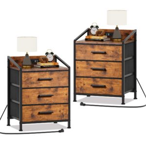 eknkozy nightstand 3 drawer dresser with charging station, 11" d x 15.6" w x 21" h, set of 2 side table with fabric drawers, small dresser for kids closet bedroom (rustic brown, set of 2 with charger)