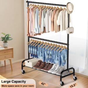 MISSLO Heavy Duty Clothing Racks for Hanging Clothes Rack Double Rod Garment Rack Rolling Closet Wardrobe Rack on Wheels, Metal, Adjustable, Black