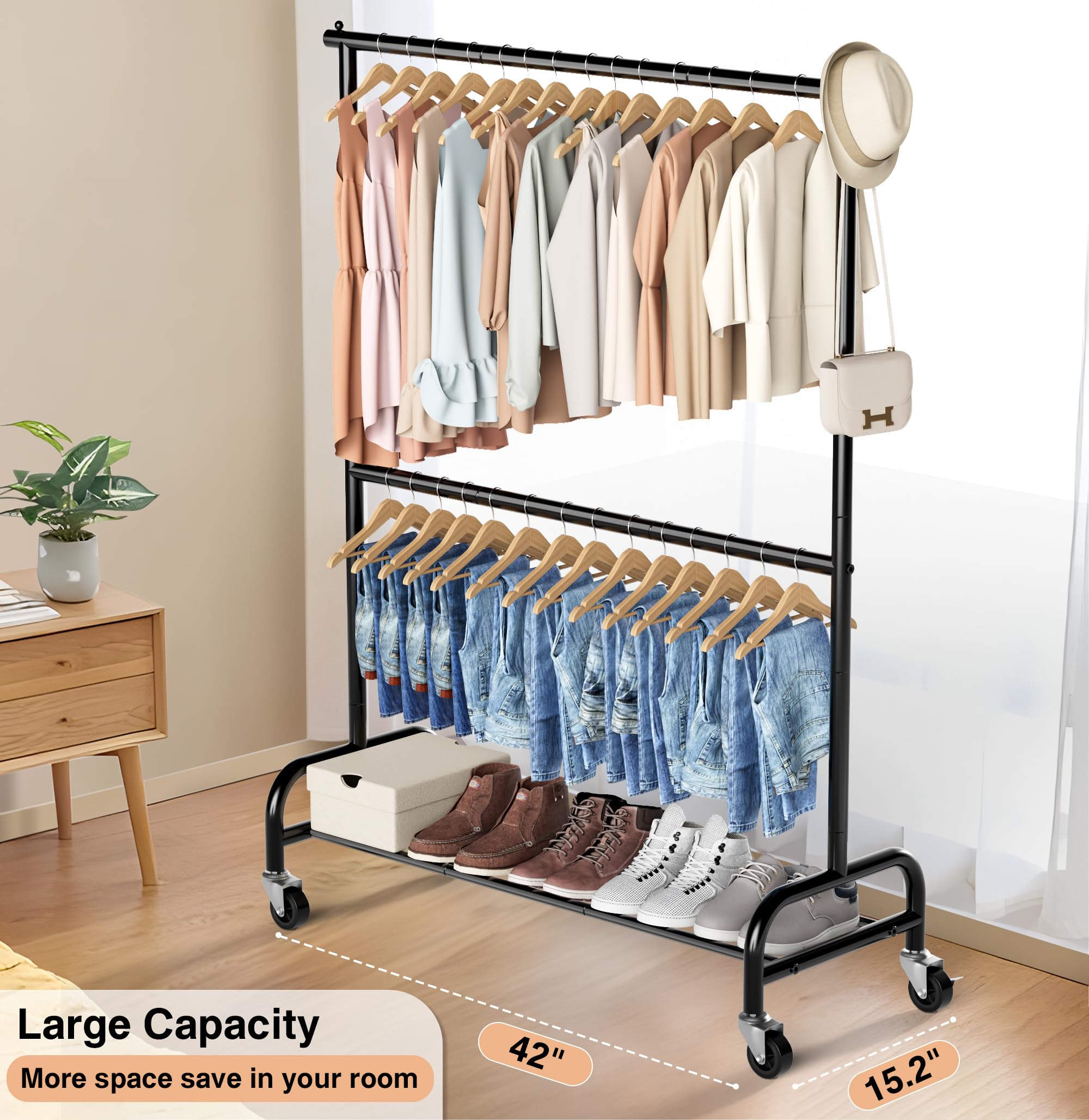 MISSLO Heavy Duty Clothing Racks for Hanging Clothes Rack Double Rod Garment Rack Rolling Closet Wardrobe Rack on Wheels, Metal, Adjustable, Black