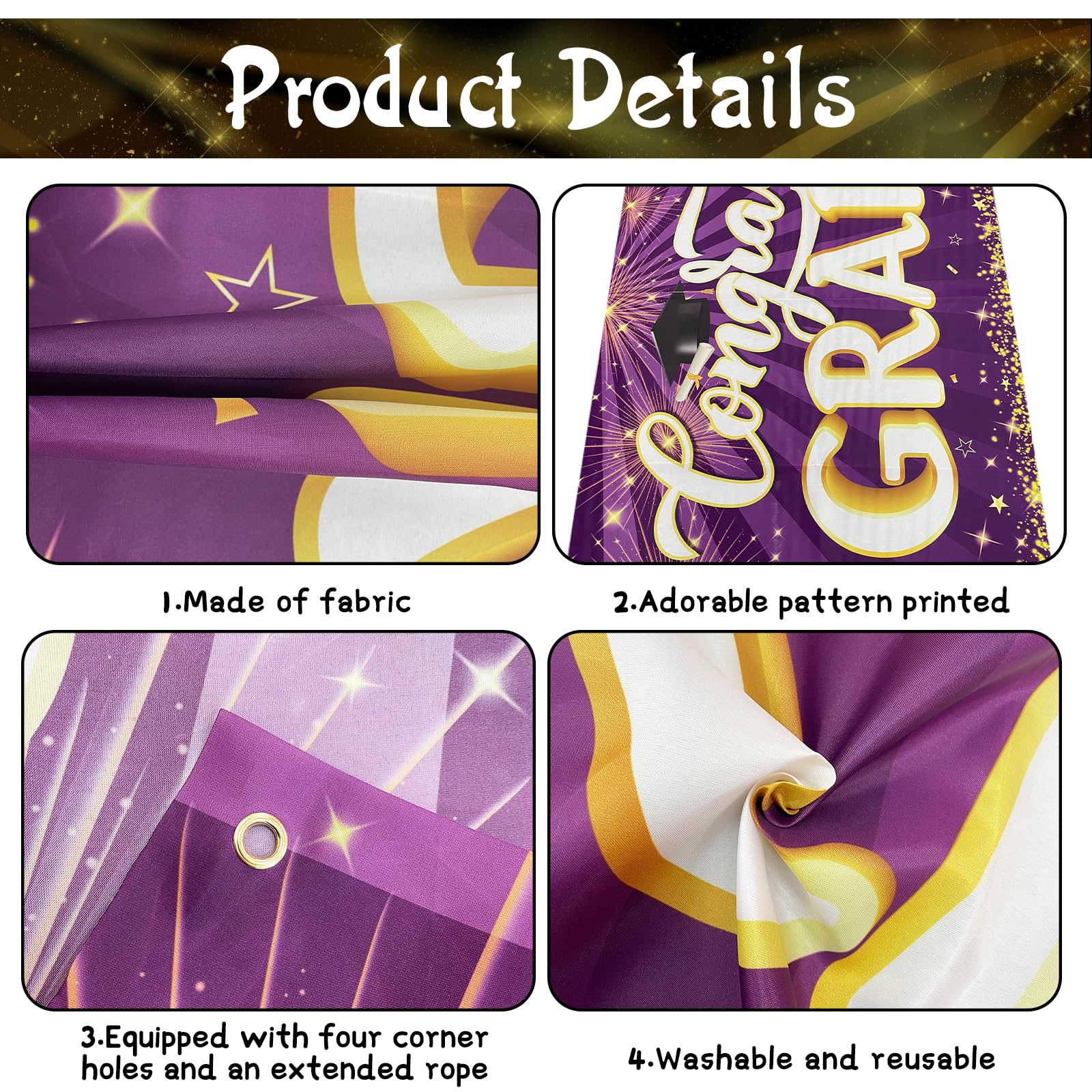 YQUQWN, Purple Graduation Banner Backdrop- Big, 72x44 Inch, Purple Graduation Decorations, Congrats Grad Banner for College Graduation Party Decorations 2024, Graduation Decorations Class of 2024