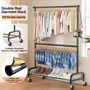 MISSLO Heavy Duty Clothing Racks for Hanging Clothes Rack Double Rod Garment Rack Rolling Closet Wardrobe Rack on Wheels, Metal, Adjustable, Black