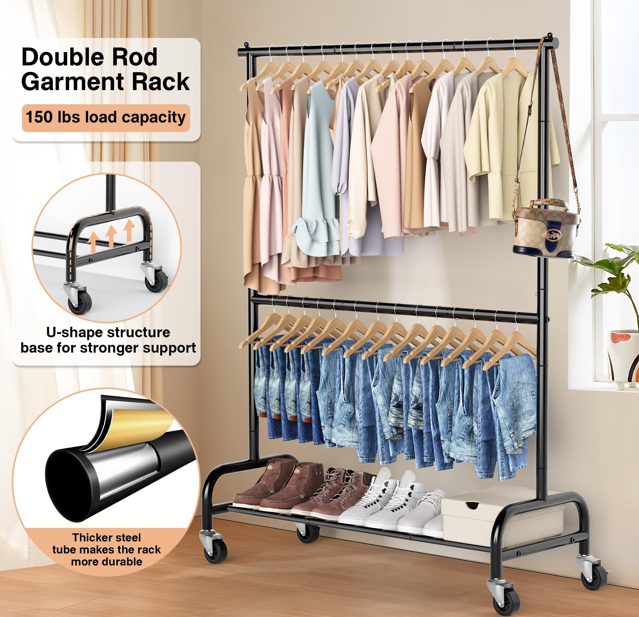 MISSLO Heavy Duty Clothing Racks for Hanging Clothes Rack Double Rod Garment Rack Rolling Closet Wardrobe Rack on Wheels, Metal, Adjustable, Black