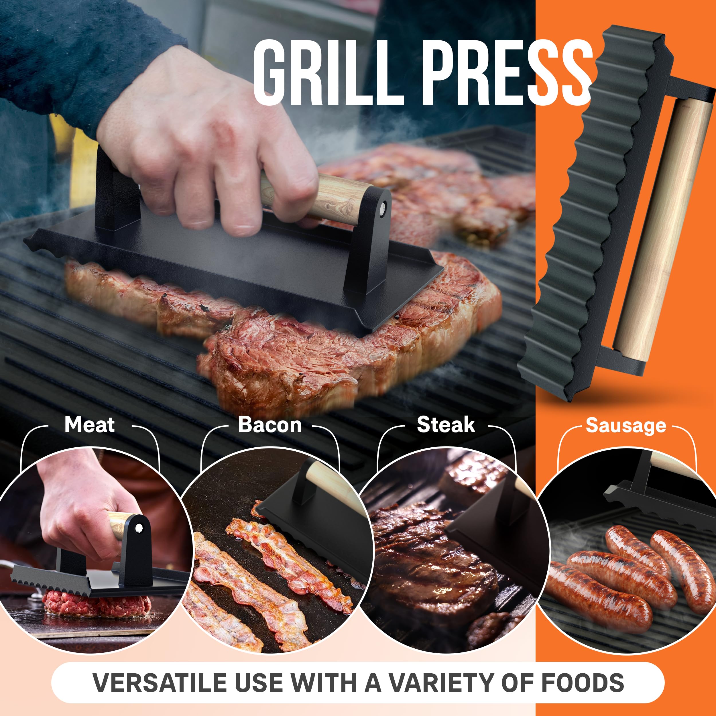 Cast Iron Griddle, Reversible Grill/Griddle + Cast Iron Press + Pan Scraper + Pinch Mitts, Grill Pan For Stove Top, Gas Grill, Indoor & Outdoor Cooking - Pre Seasoned & Non-stick (9.5" x 16.75")