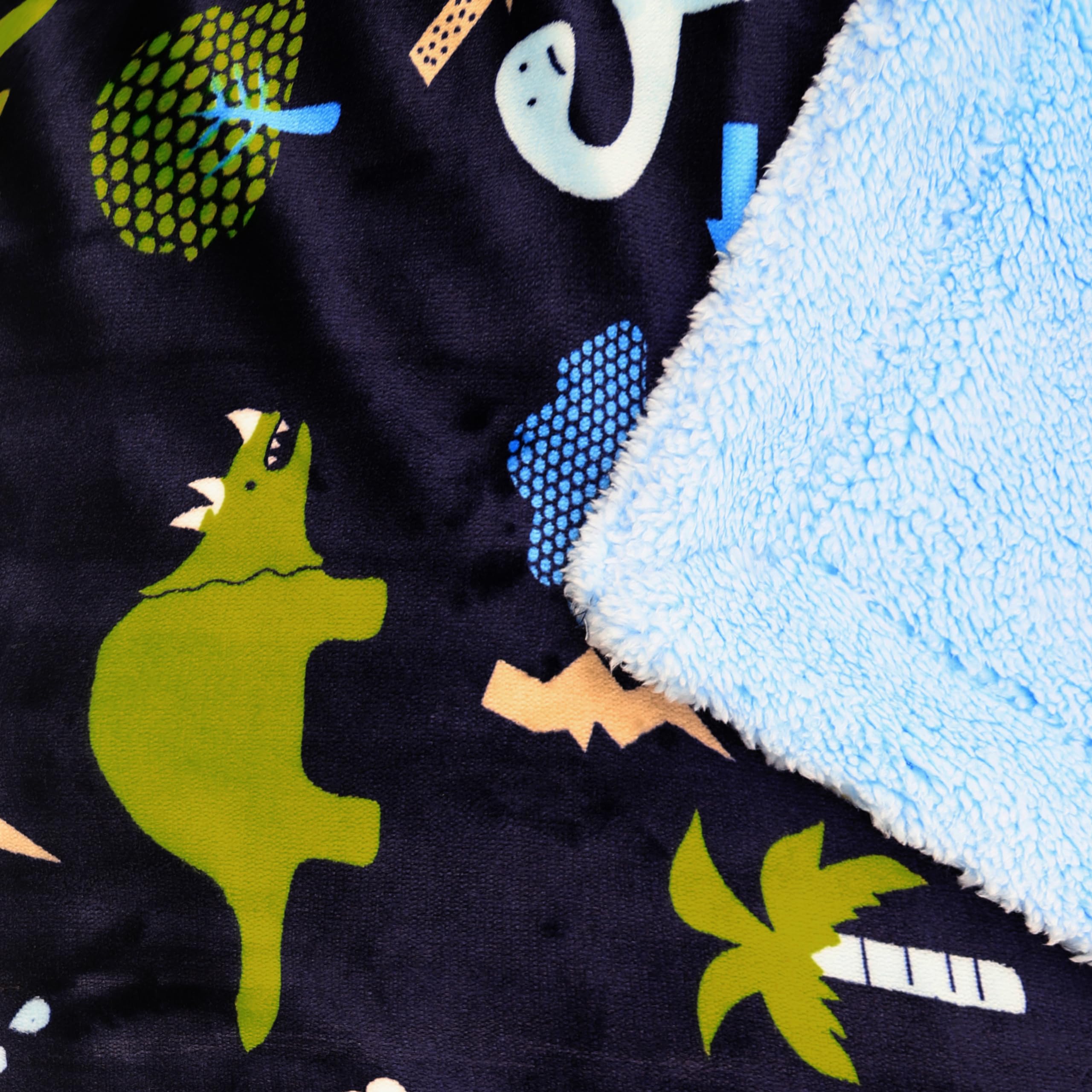 Marina Decoration Reversible Rich Printed Woven Fluffy Plush Soft Warm Flannel Fleece Children Throw Sherpa Kids Blanket, 40 x 50 Inch Dinosaur Zoo with Navy Blue Base