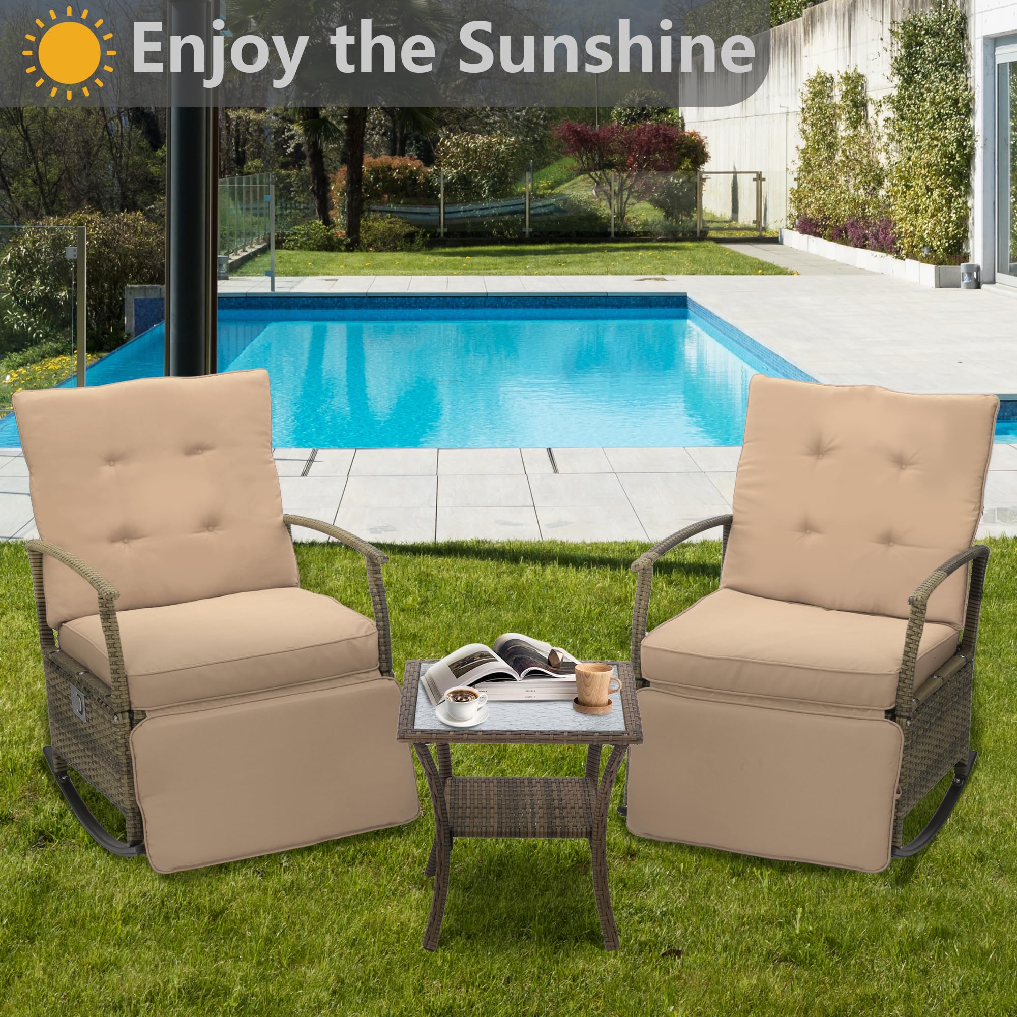 CATMIX Outdoor Rocking Chairs, Adjustable Rattan Recliner Chairs PE Wicker Patio Furniture Set Outdoor Recliner Chairs Furniture Set with Soft Thick Cushion, Removable Glass Tabletop, Beige…