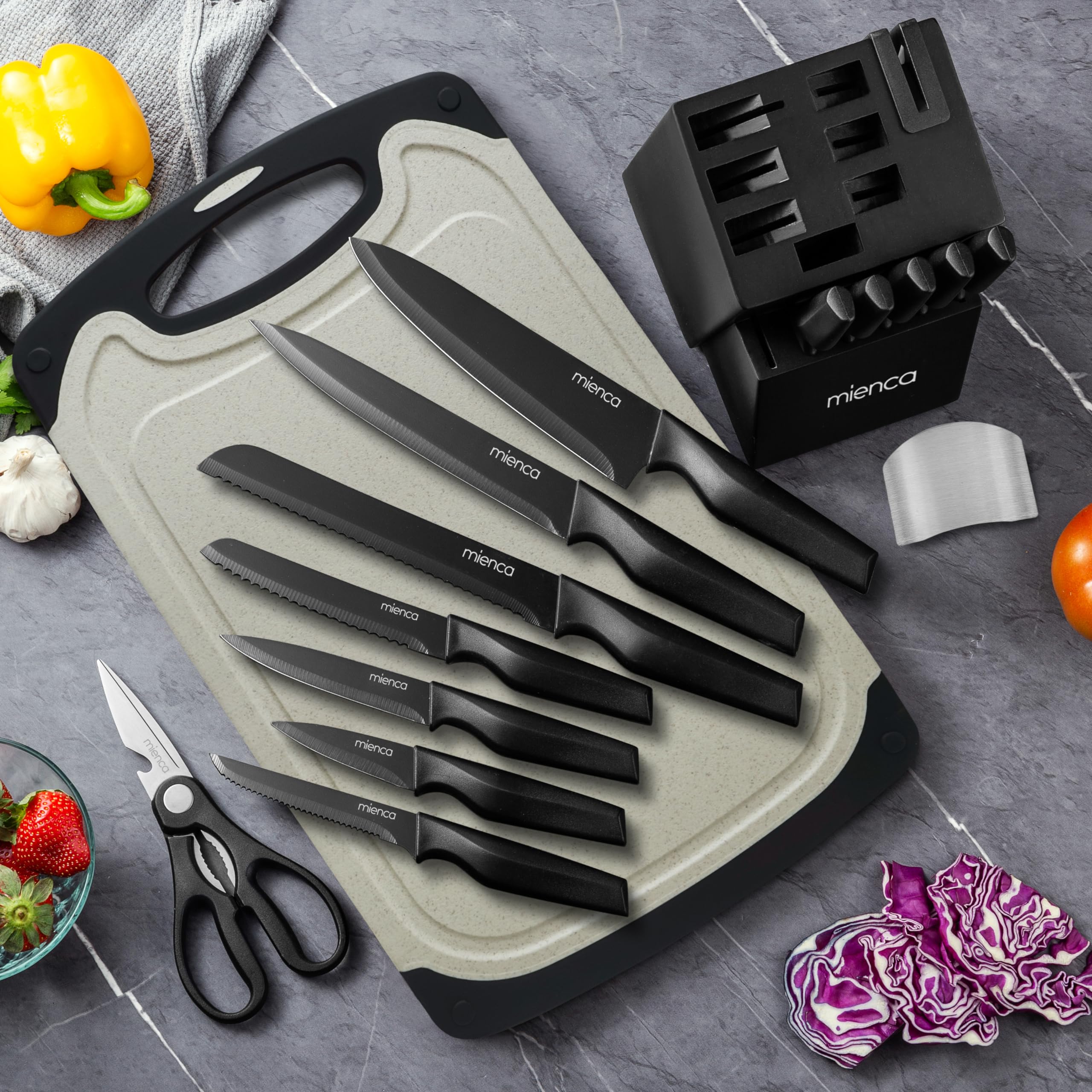 Kitchen Knife Set with Block and Sharpener 16 Pcs German Stainless Steel Knife Block Set with Cutting Board, Finger Protector for Cutting Food and Knife Sharpener Knives Set for Kitchen