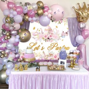 Avezano Tea Party Backdrop Floral Butterfly Glitter Let's Partea Banner Afternoon Tea Baby Shower Birthday Party Decorations 70.8 x 43.3 Inch (Pink)