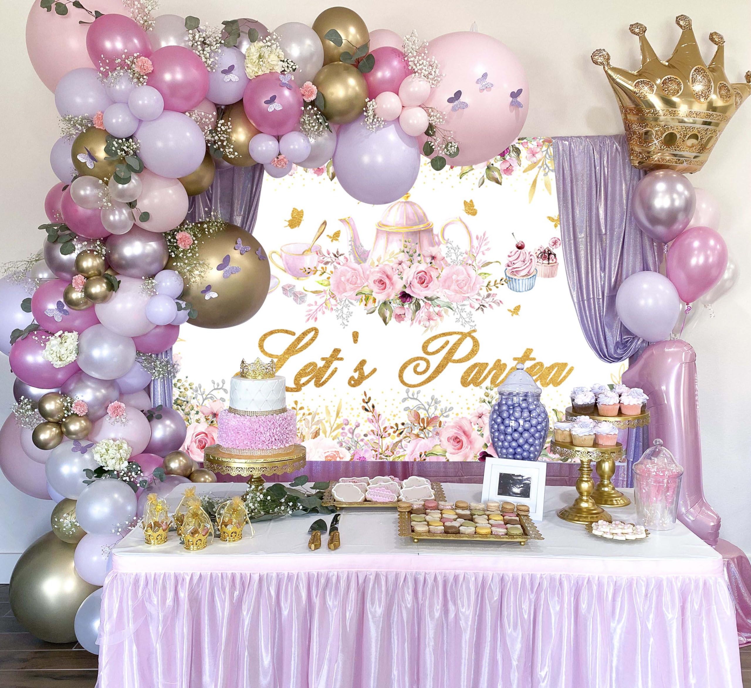 Avezano Tea Party Backdrop Floral Butterfly Glitter Let's Partea Banner Afternoon Tea Baby Shower Birthday Party Decorations 70.8 x 43.3 Inch (Pink)