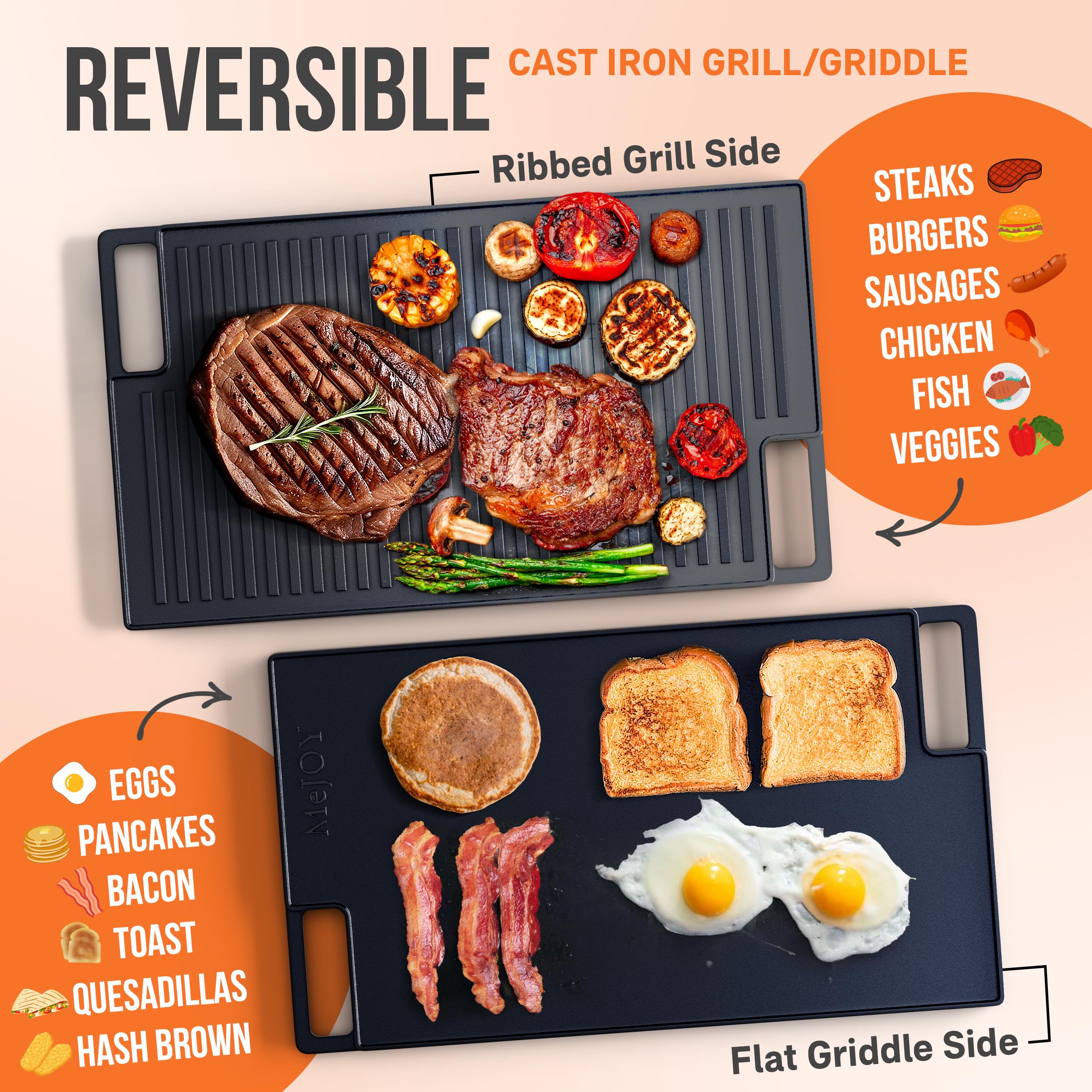 Cast Iron Griddle, Reversible Grill/Griddle + Cast Iron Press + Pan Scraper + Pinch Mitts, Grill Pan For Stove Top, Gas Grill, Indoor & Outdoor Cooking - Pre Seasoned & Non-stick (9.5" x 16.75")