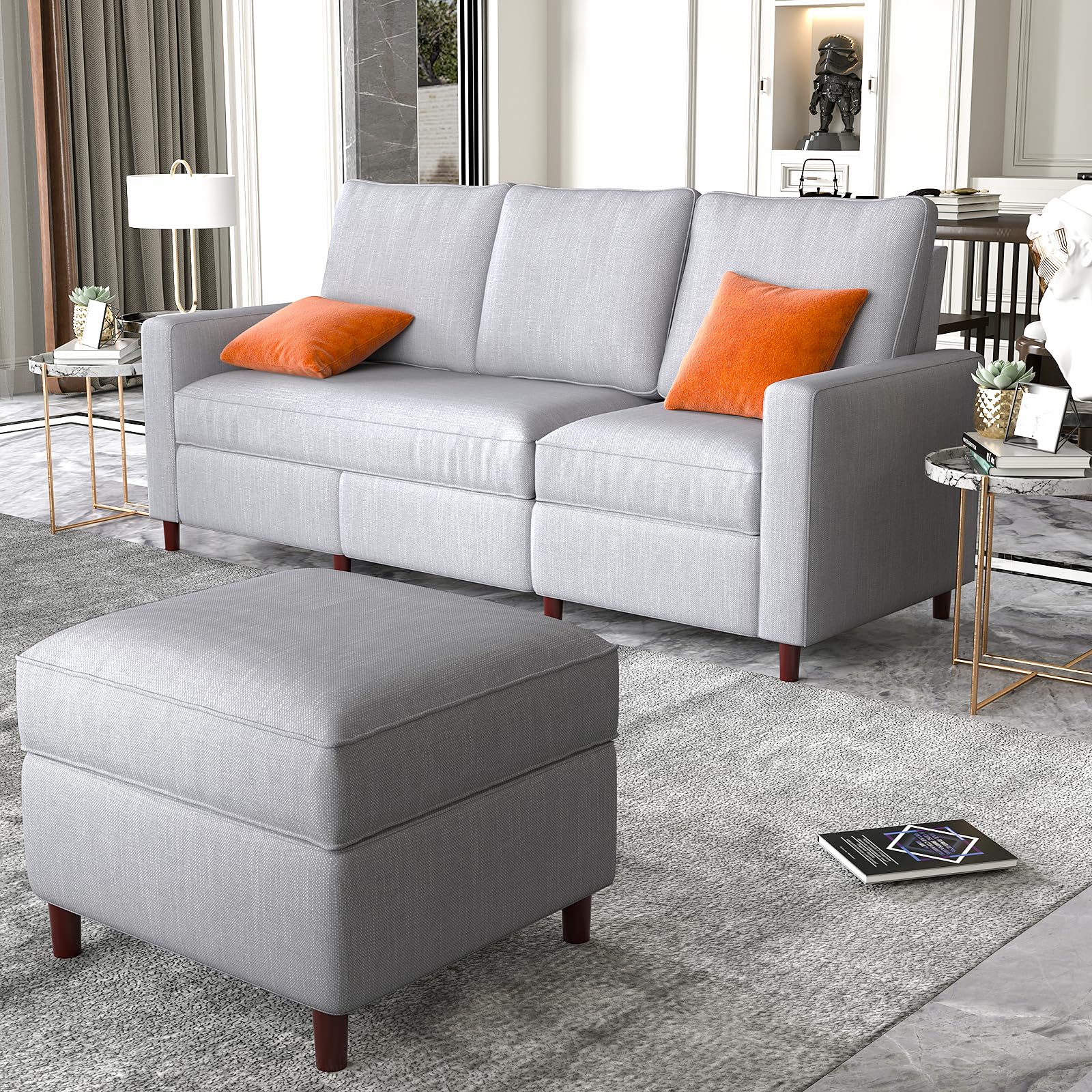 coeztt Convertible Sectional Sofa Couch, L-Shaped Sofa with Linen Fabric, 3 Seat with Movable Ottoman Small Couch for Small Apartments, Living Room and Office (Grey)