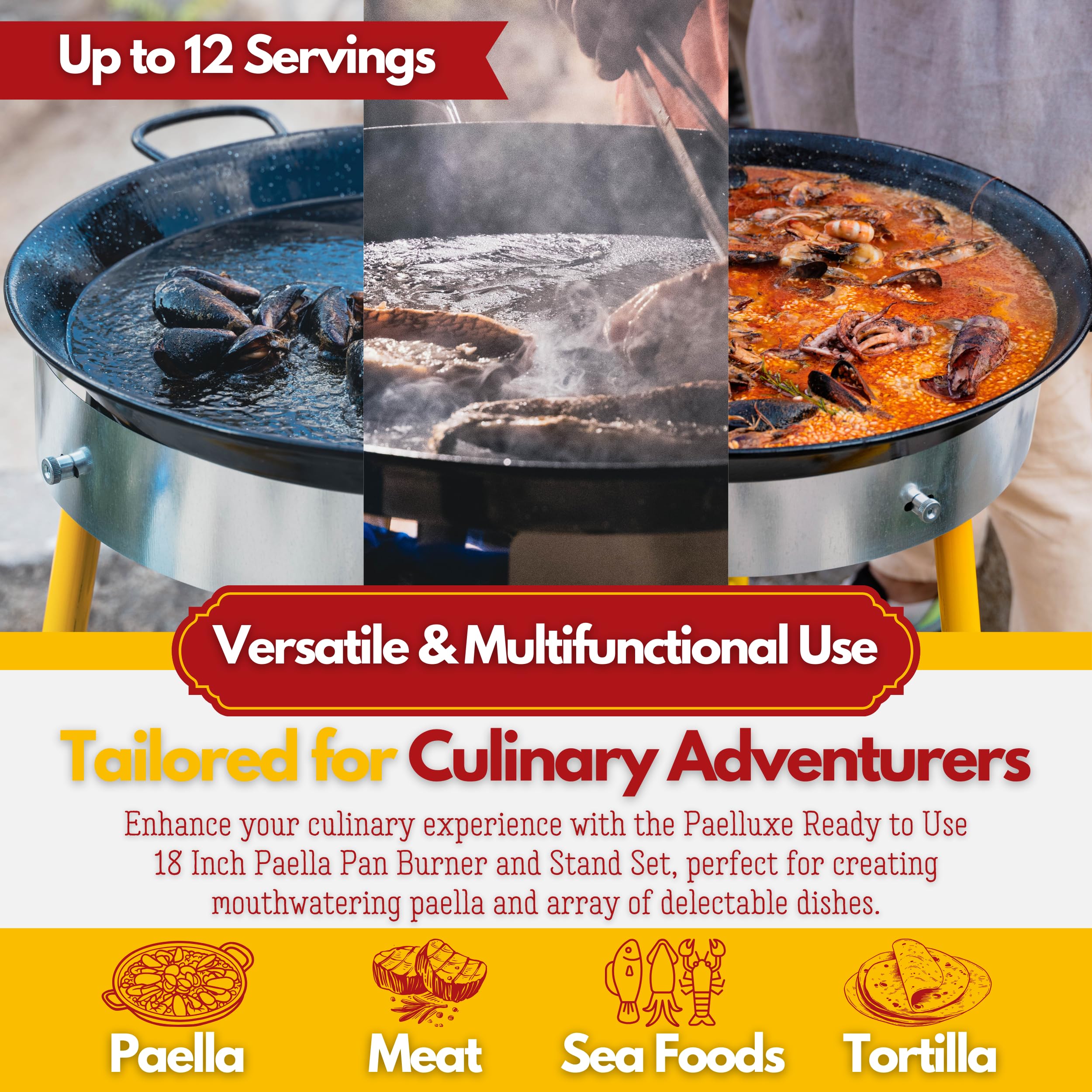 Paelluxe Complete Paella Pan Burner & Stand Set 12 Servings - Dual Propane - 18-Inch Steel Pan - Portable Gas Stove - Wok, Pots, Cast Iron - Ideal for Camping Grill, Backyard