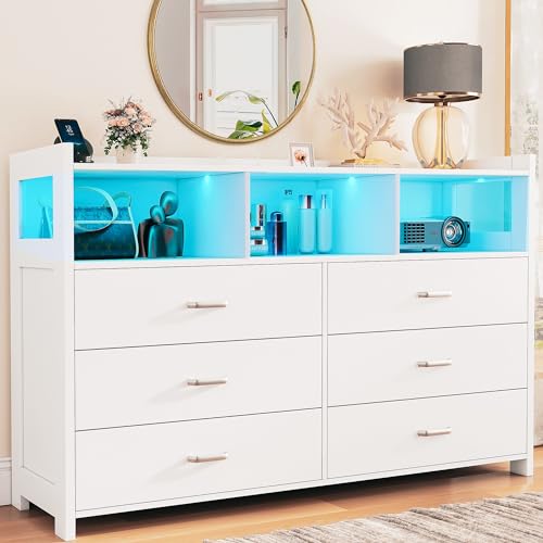 Alohappy 6 Drawer Dresser for Bedroom, LED Dresser Chest of Drawers with Power Outlets, Modern White Dresser for Bedroom, Living Room, Entryway, Hallway