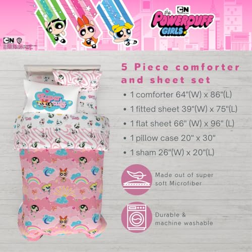 Franco Collectibles Powerpuff Girls Bedding 5 Piece Super Soft Comforter and Sheet Set with Sham, Twin, (100% Official Licensed Product)