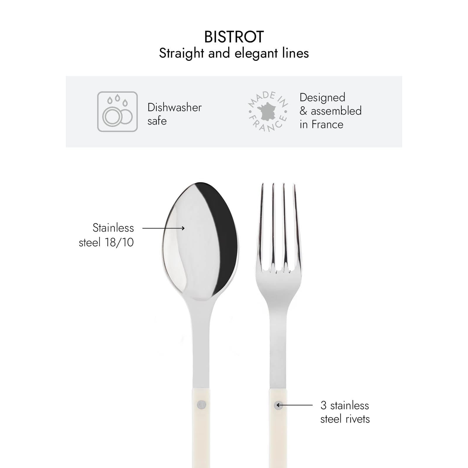 SABRE PARIS - 2-Piece Serving Set - Bistrot Collection - Large Fork & Large Spoon - Stainless Steel & Nylon - Dishwasher Safe - Ivory - Brilliant Finish