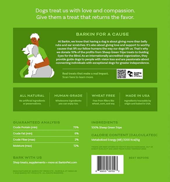 Barkin 100% Lamb Green Tripe, Air-Dried Single Ingredient Dog Treats, Free Range and Grass Fed Lamb, All Natural, Everyday Dog Treats and Dental Chews, 3.5oz.