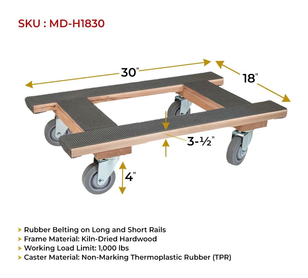 Mytee Products 18"x30" H Frame Movers Dolly w/Rubber Tread & 4" Non Marking Wheels - 1000 lbs WLL H Shape Heavy Duty 4 Wheel Moving Dolly Cart for Packing & Moving Supplies - Furniture Piano Dolly