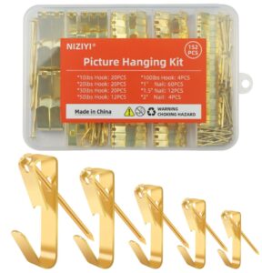 152pcs picture hanging kit, picture hangers 10lb, 20lb, 30lb, 50lb, 100lb hooks with nails, heavy duty photo frame for pictures, painting ,mirror, wall art mounting on drywall, wooden wall