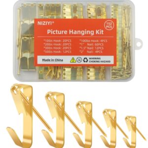 152Pcs Picture Hanging Kit, Picture Hangers 10lb, 20lb, 30lb, 50lb, 100lb Hooks with Nails, Heavy Duty Photo Frame for Pictures, Painting ,Mirror, Wall Art Mounting on Drywall, Wooden Wall