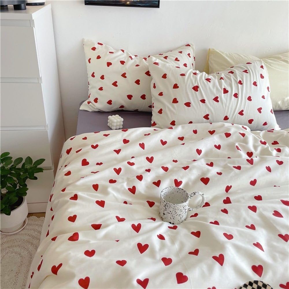 Heart Duvet Cover Queen Red Love Heart Minimalist Design Bedding Set Modern Small Heart Pattern Reversible Comforter Cover Romantic Simple Home Decor Bedding for Men Women,White,Full, Full(200x229cm)