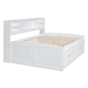 Merax Full Size Wood Daybed with 2 Bedside Cabinets, Upper Shelves and 4 Drawers, Full Daybed Sofa Bed for Living Room, Guest Room, White