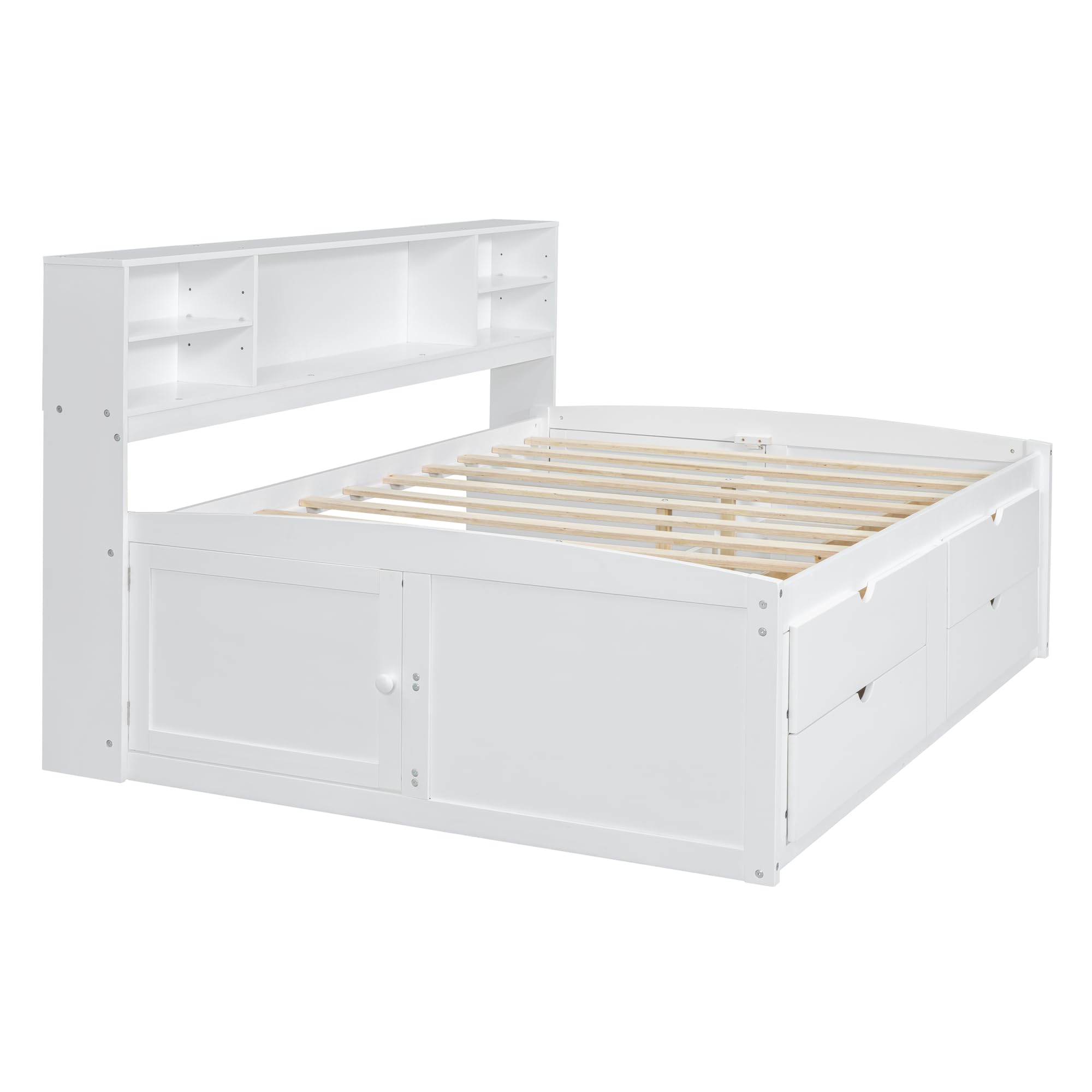 Merax Full Size Wood Daybed with 2 Bedside Cabinets, Upper Shelves and 4 Drawers, Full Daybed Sofa Bed for Living Room, Guest Room, White